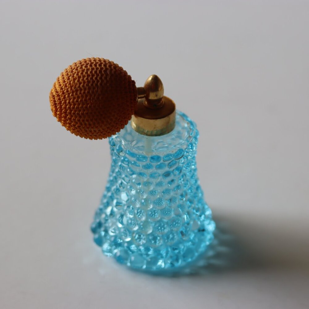 Vintage Perfume Atomizer Bottle Blue Depression Glass Bubble Type Pattern Fenton